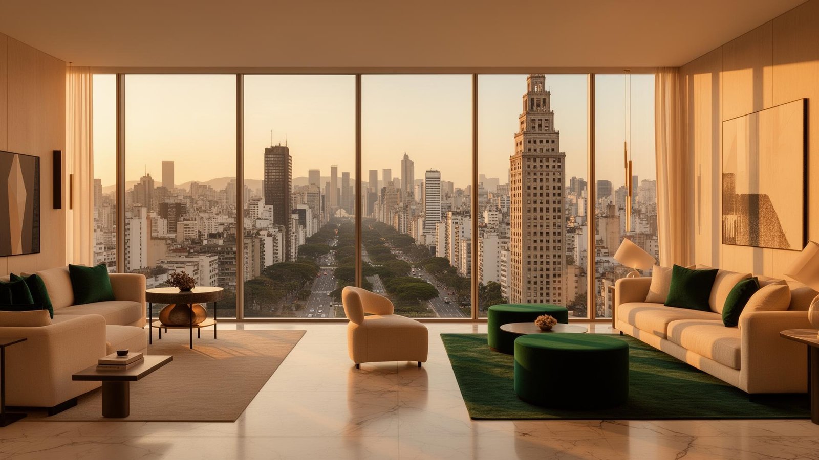 Interior de apartamento de alto padrão com vista para São Paulo